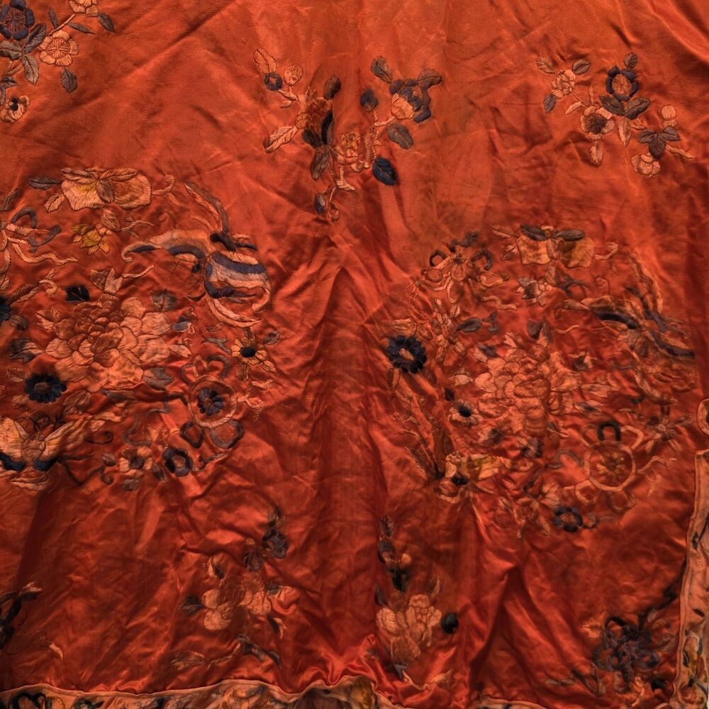 Red Asian Satin Kimono Vintage Mid Length Embroidered Pattern Button Down Flaw m - Picture 5 of 13